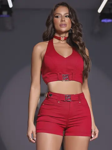 CROPPED VERMELHO PIT BULL JEANS SOFISTICADO E ATRAENTE COM ALÇA HALTER