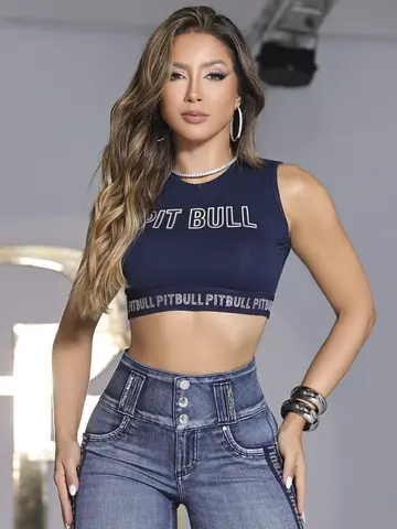 CROPPED VERSÁTIL COM ESTAMPA E ELÁSTICO PERSONALIZADO PIT BULL JEANS