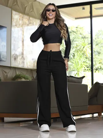 CALÇA WIDE LEG FEMININA VERSÁTIL CINTURA ALTA EMPÓRIO PIT BULL COM CORDÃO
