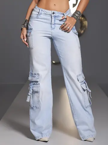 Calça Wide Leg Cargo Feminina Pit Bull Jeans Estilosa e Versátil