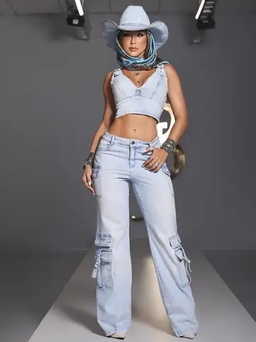 CALÇA WIDE LEG CARGO FEMININA PIT BULL JEANS ESTILOSA E VERSÁTIL