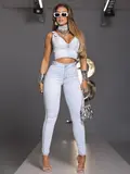 CROPPED JEANS FEMININO ELEGANTE PIT BULL COM DECOTE E DETALHE METÁLICO