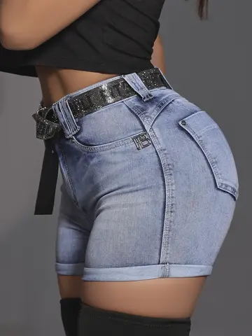 SHORT FEMININO EXCLUSIVO E MODELADOR PIT BULL JEANS COM CINTO E BRILHO