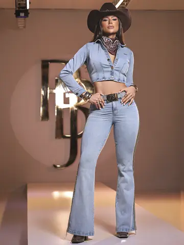 CAMISA CROPPED COM FRANJAS E STRASS BORDADO DENIM PIT BULL JEANS