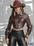 CAMISA CROPPED ACABAMENTO BRILHOSO EM COURO ECOLÓGICO EMPÓRIO PIT BULL