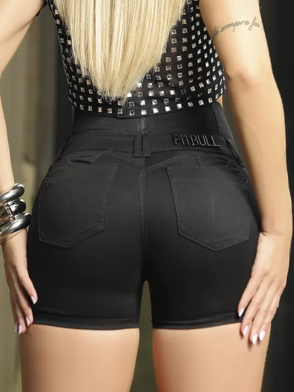 SHORT FEMININO PRETO CINTURA PERFEITA PIT BULL JEANS