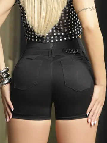 SHORT FEMININO PRETO CINTURA PERFEITA PIT BULL JEANS