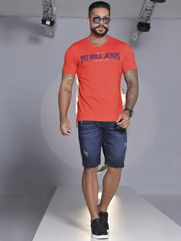 CAMISETA MASCULINA LARANJA GOLA V LOGOMANIA PIT BULL JEANS