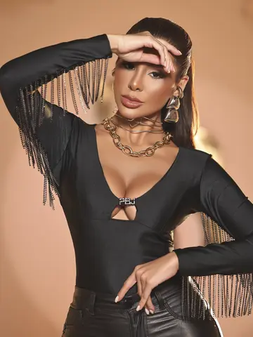 BLUSA MANGA LONGA CONCEITO COM FRANJAS DE STRASS PIT BULL JEANS