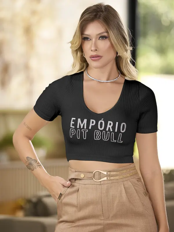 CROPPED MANGA CURTA CASUAL COM ESTAMPA GLITTER EMPÓRIO PIT BULL