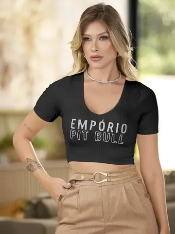 CROPPED MANGA CURTA CASUAL COM ESTAMPA GLITTER EMPÓRIO PIT BULL