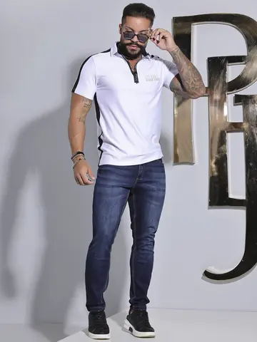 POLO MASCULINA PIT BULL JEANS COM MODELAGEM SLIM E ZÍPER PERSONALIZADO
