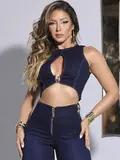 CROPPED JEANS MODERNO COM DECOTE E ENFEITE ESTILOSO PIT BULL JEANS