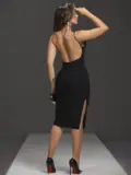 VESTIDO MIDI PRETO COM BRILHO EM CRISTAIS E MODELAGEM AJUSTADA PIT BULL JEANS
