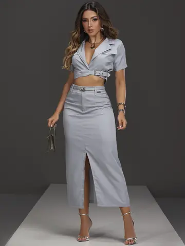 CONJUNTO SAIA MIDI COM CINTO E CAMISA MANGA CURTA EMPÓRIO PIT BULL