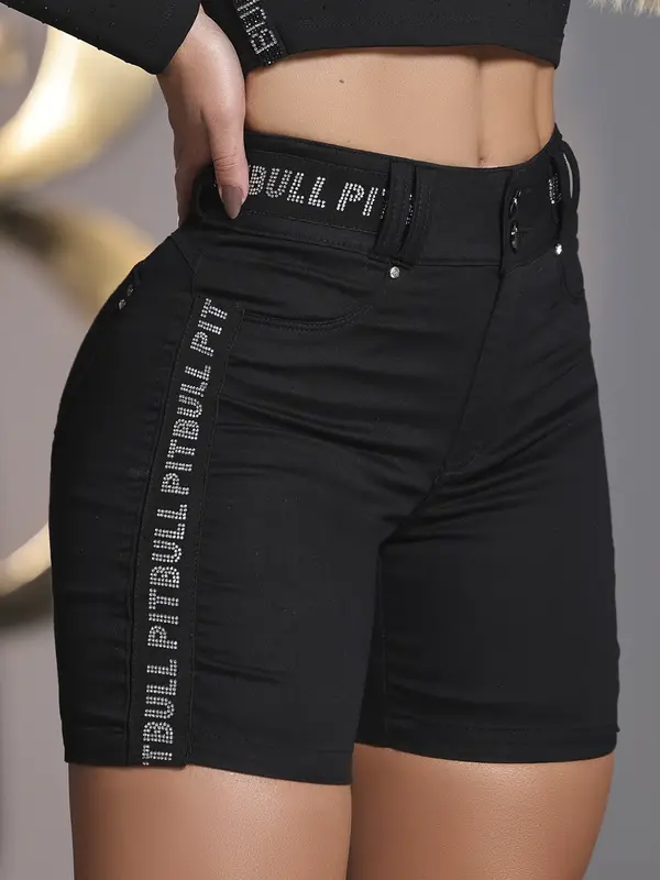 BERMUDA MEIA COXA PRETA COM ELÁSTICO CRISTAL E MODELAGEM AJUSTADA PIT BULL JEANS
