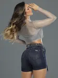 SHORT HOT PANTS AZUL ESCURO COM CINTO BRILHOSO PIT BULL JEANS