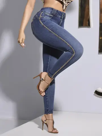 CALÇA SKINNY PIT BULL JEANS MODELADORA COM CORRENTE DE ELO NAS LATERAIS