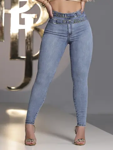CALÇA HOT PANTS CINTURA ALTA PIT BULL JEANS COM FAIXA E LETREIRO PERSONALIZADO