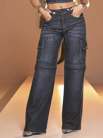 CALÇA WIDE LEG FEMININA VERSÁTIL PIT BULL JEANS COM CINTO DE STRASS
