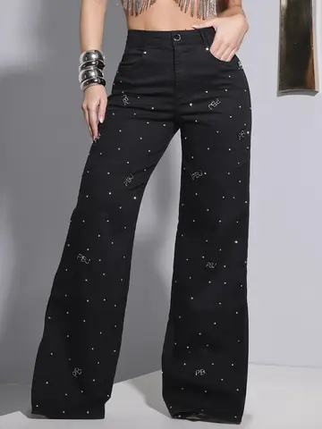 CALÇA WIDE LEG PRETA CONCEITO PIT BULL JEANS REFINADA COM ENFEITES E PEDRARIAS