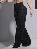 CALÇA WIDE LEG PRETA CONCEITO PIT BULL JEANS REFINADA COM ENFEITES E PEDRARIAS
