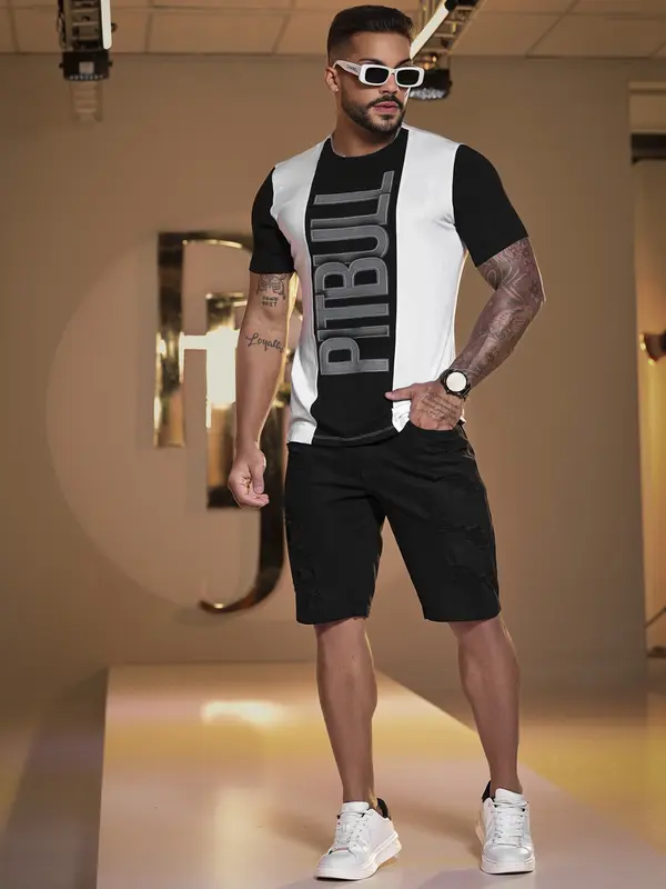 CAMISETA GOLA O SLIM PIT BULL JEANS ESTILOSA COM RELEVO FOIL
