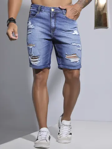 BERMUDA MASCULINA PIT BULL JEANS ELEGANTE COM DETALHES DESTROYED