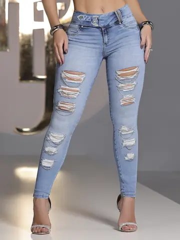 CALÇA SKINNY MODELADORA DESTROYED PIT BULL JEANS COM DETALHES EM STRASS