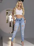 CALÇA SKINNY MODELADORA DESTROYED PIT BULL JEANS COM DETALHES EM STRASS