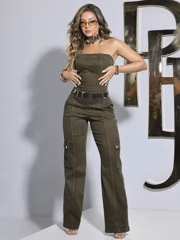 MACACÃO ELEGANTE COM CINTO E BOLSOS CARGO PIT BULL JEANS