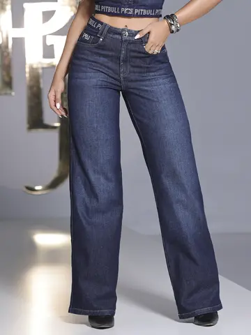 Calça Wide Leg com Elástico Personalizado com Brilho Pit Bull Jeans
