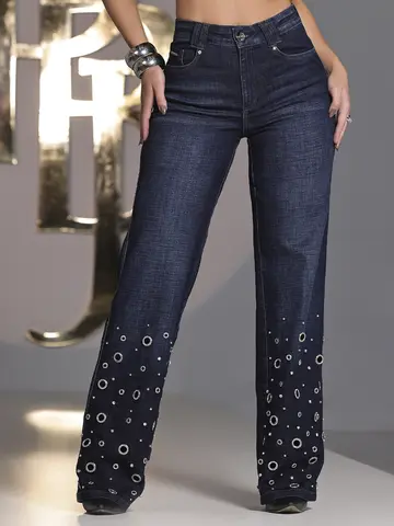 CALÇA WIDE LEG CONCEITO PIT BULL JEANS SOFISTICADA COM DETALHE EM ILHOSES