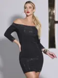 VESTIDO SEXY CONCEITO MANGA LONGA COM APLICAÇÕES DE BRILHO TERMOCOLANTES