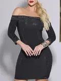 VESTIDO SEXY CONCEITO MANGA LONGA COM APLICAÇÕES DE BRILHO TERMOCOLANTES