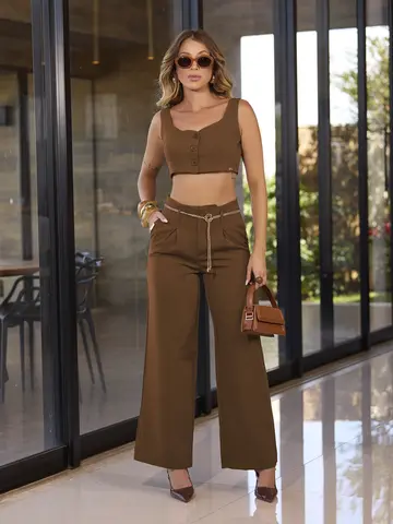 Conjunto Calça e Cropped Sofisticado Empório Pit Bull com Cinto Brilhoso