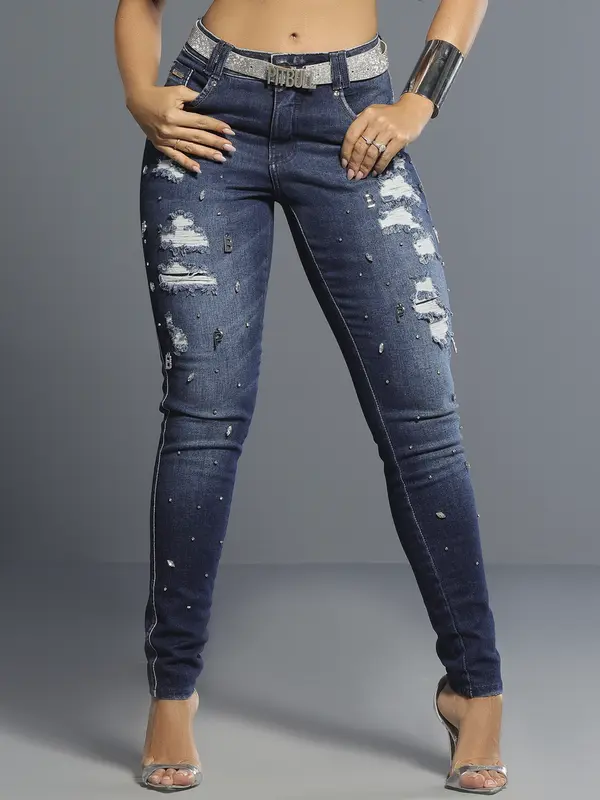 Calça Boyfriend Sofisticada com Cinto e Bordado Manual Pit Bull Jeans