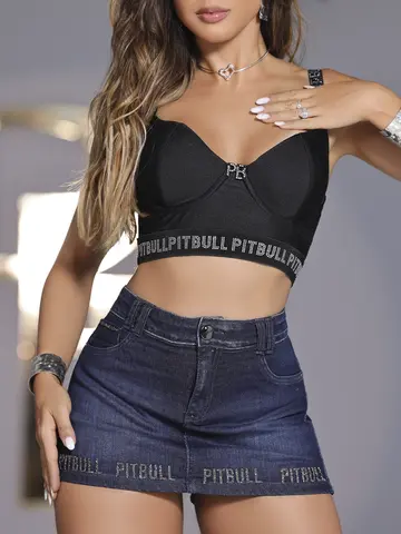 Cropped Pit Bull Jeans Preto Moderno e Confortável com Alças Personalizadas