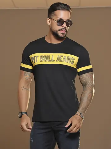 Camiseta Masculina Gola O Elegante com Logomania em Relevo Pit Bull Jeans
