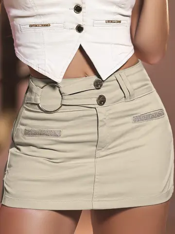 Short Saia Color Modelador e Elegante Pit Bull Jeans com Detalhes em Pedrarias