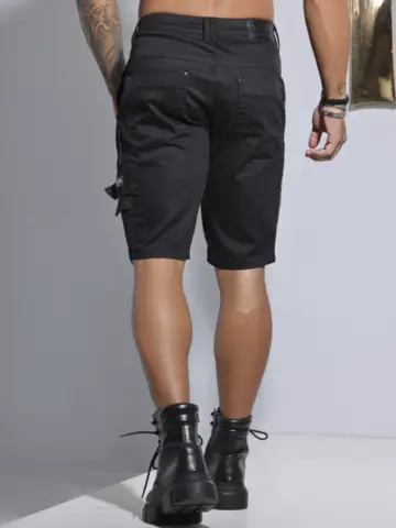 Bermuda Masculina Preta Streetwear com Detalhes na Lateral Pit Bull Jeans