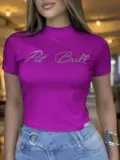 T-Shirt Feminina Slim Pit Bull Jeans Confortável com Relevo em Foil