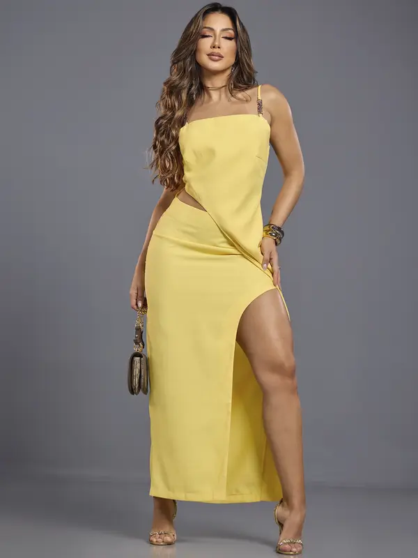 Vestido Longo Empório Pit Bull Elegante e Sofisticado com Fenda Lateral