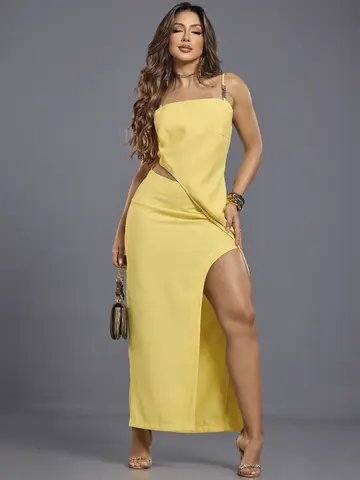 Vestido Longo Empório Pit Bull Elegante e Sofisticado com Fenda Lateral