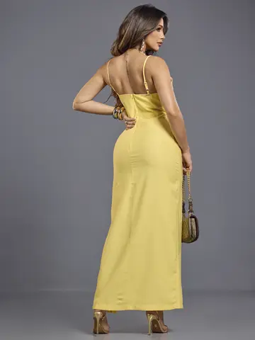 Vestido Longo Empório Pit Bull Elegante e Sofisticado com Fenda Lateral