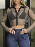 CAMISA CROPPED DE TELA CONCEITO PIT BULL JEANS COM BRILHO E GLAMOUR