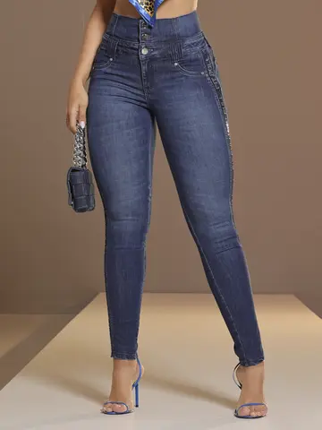 Calça Cintura Perfeita Escura Pit Bull Jeans com Elástico Lateral Brilhoso