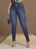 Calça Cintura Perfeita Escura Pit Bull Jeans com Elástico Lateral Brilhoso
