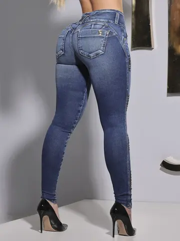 Calça Skinny Cós Largo Sofisticada com Detalhes Laterais Pit Bull Jeans