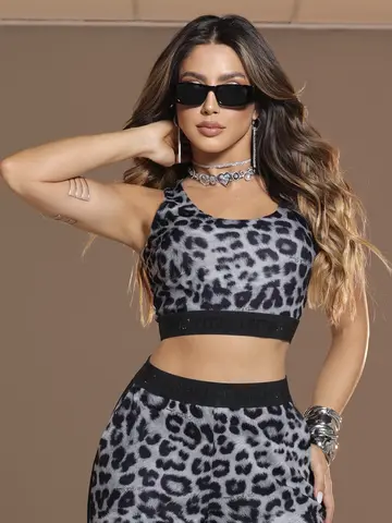 Cropped Animal Print com Modelagem Ajustada e Elástico Personalizado Pit Bull Jeans